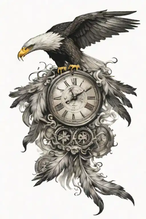 Eagle flying with smoke and a clock with feathers falling tattoo design idea