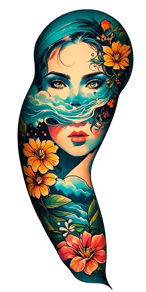 music and travel arm sleeve tattoo design idea