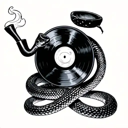 americana snake with record, smoking a pipe tattoo design idea