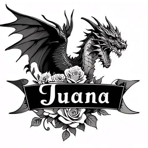 name Juana with roses and a dragon flying tattoo design idea