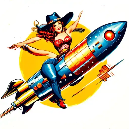 retro futurism pinup cowgirl with a body on a rocket flying tattoo design idea