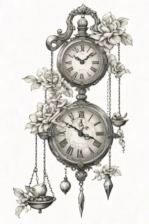clock with kids names in pendulums swing hanging tattoo design idea