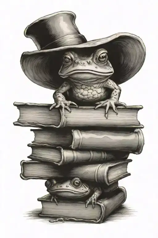 bookstack with toad on top tattoo design idea