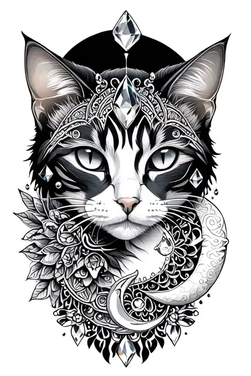 mandala half sleeve with crystals, cat heads with pisces sign and moon tattoo design idea