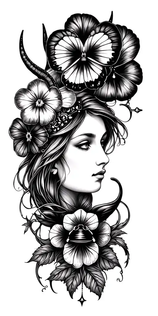 Capricorn symbols intertwined, Libra symbols, scales, pansy flower, butterfly, astrology, woman with horns, beetle tattoo design idea