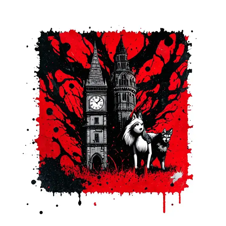 In the center, a children's doll, from the right below the wolf, the tower with a clock of the curves of black abstract torn tattoo design idea