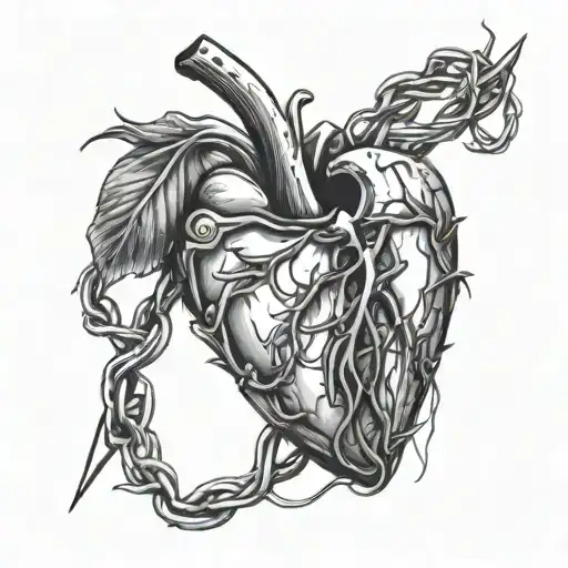 A bleeding heart wrapped in barbed wire wrapped tattoo design idea