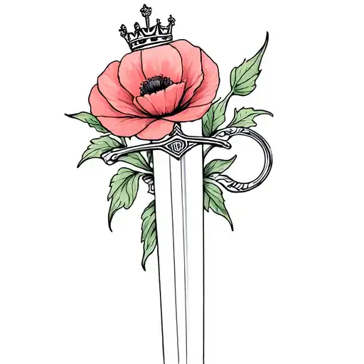 fine line feminine sword wrapped with a poppy topped with a crown tattoo design idea