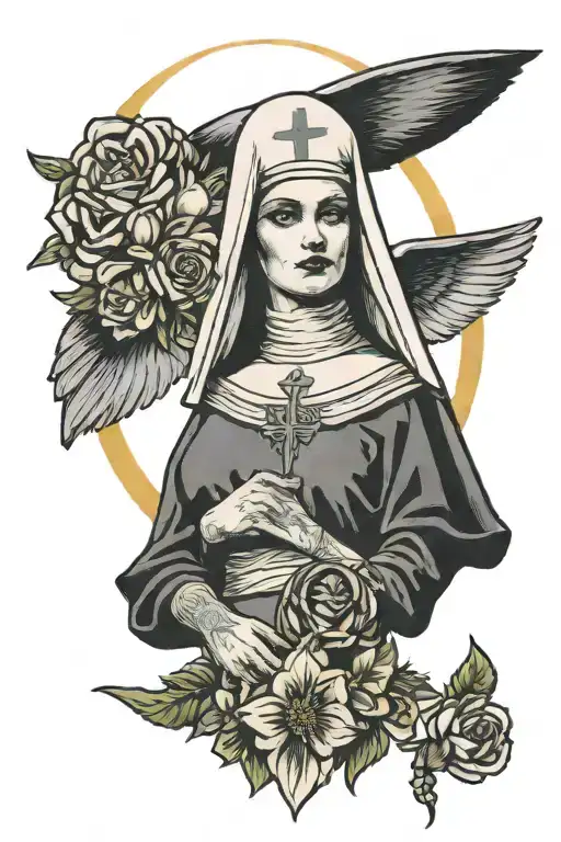 nun in bikini whit halo tattoo design idea