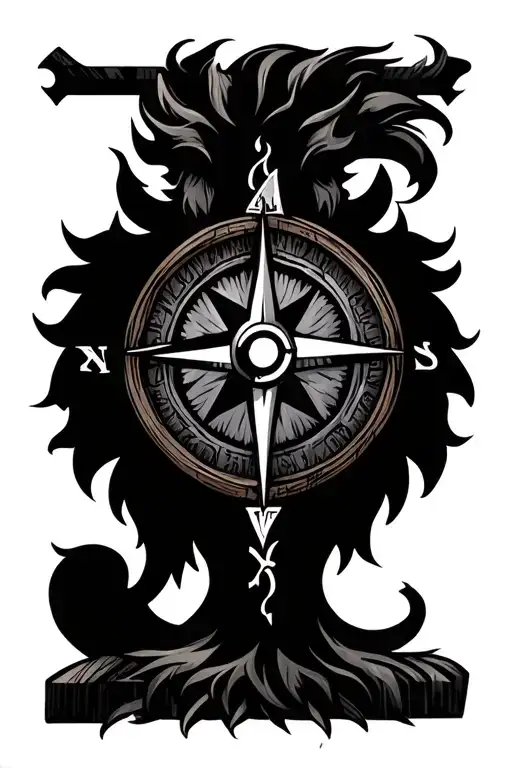 lion wooden cross compass tattoo design idea
