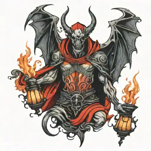 Realistic tattoo of a demon in a mantle, with a glowing lantern, gothic designs, and a red background. tattoo design idea