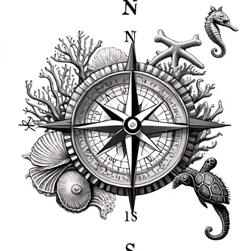 compass rose dial, with seashells, sea fans, corals, starfish, a seahorse, and a sea turtle  tattoo design idea
