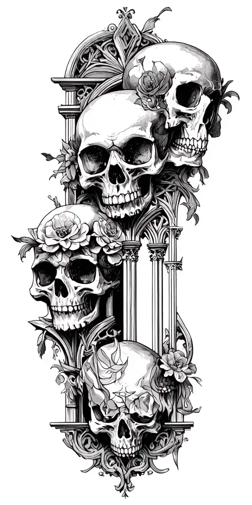 architectural cathedral motifs and skulls  tattoo design idea