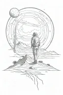 Design a tattoo design of a desert with a big moon in the sky and a man standing in the desert staring at the moon tattoo design idea