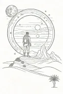 Design a tattoo design of a desert with a big moon in the sky and a man standing in the desert staring at the moon tattoo design idea