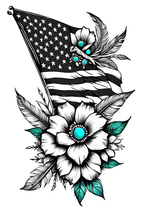 multiple feathers, american flag,and turquoise western jewelry, flowers, with aztec pattern gap fille, with green leaves tattoo design idea