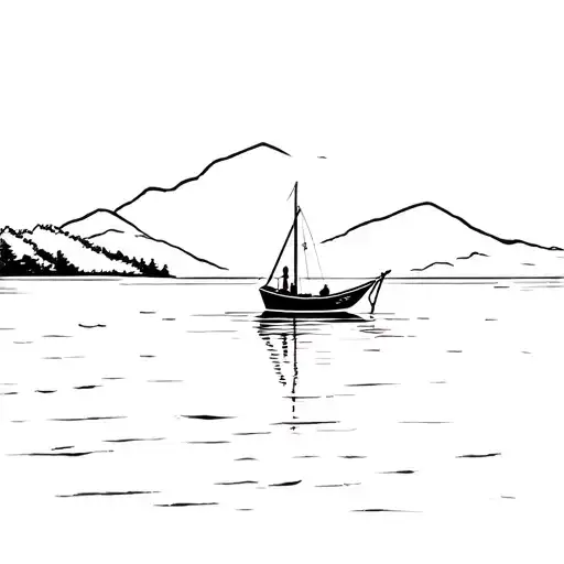 fishing boat on water with hills in background  tattoo design idea