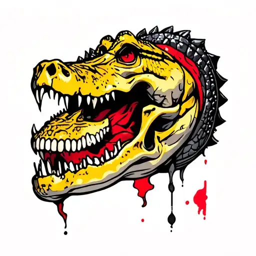 alligator crushing yellow and red skull tattoo design idea
