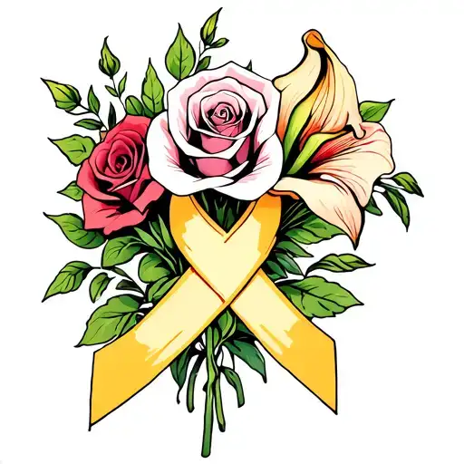 Roses and calla lilies with cancer ribbon intertwined tattoo design idea