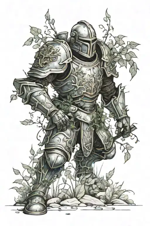 overgrown suit of armour in a long forgotten battlefield scene tattoo design idea