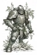 overgrown suit of armour in a long forgotten battlefield scene tattoo design idea