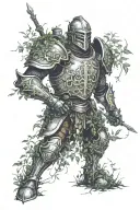 overgrown suit of armour in a long forgotten battlefield scene tattoo design idea