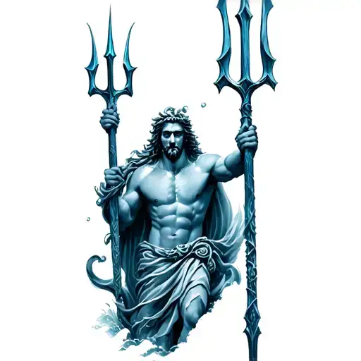 Poseidon holding a trident in ocean tattoo design idea