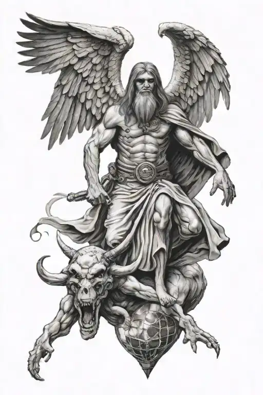 a men alf death alf angel with a crusificial dager, and below the earth who become a drop  tattoo design idea