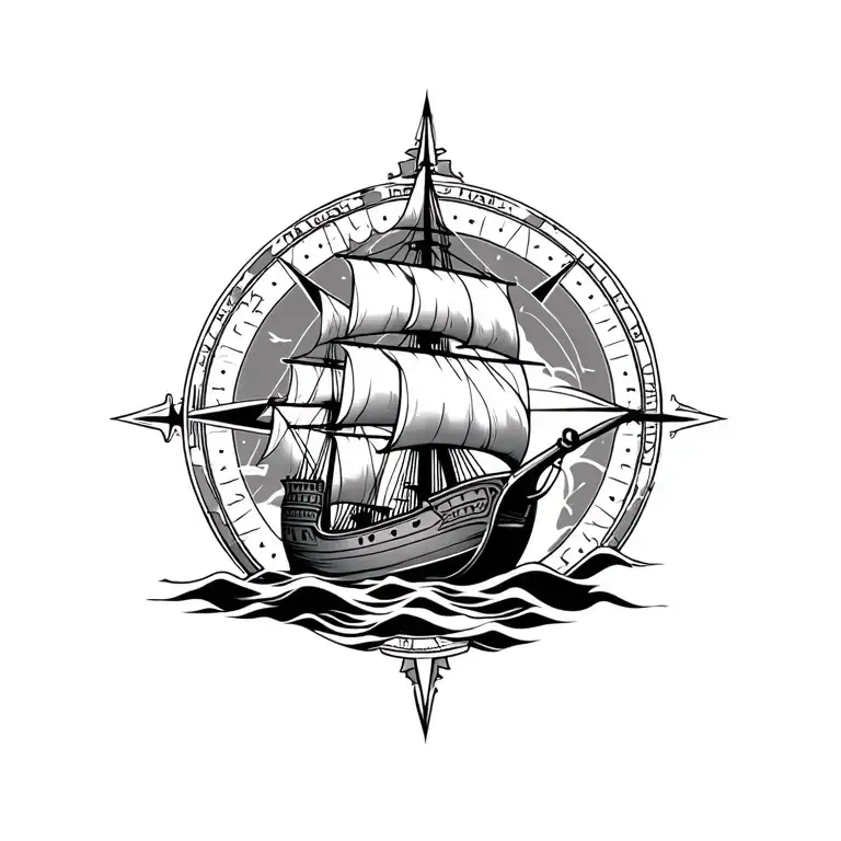 A Viking ship sailing with a nordic compass in the background  tattoo design idea
