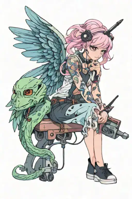 20 year old, pastelle,  feminine, Fairy with tattoos and pink hair and large wings, and piercings holding a tattoo gun tattoo design idea