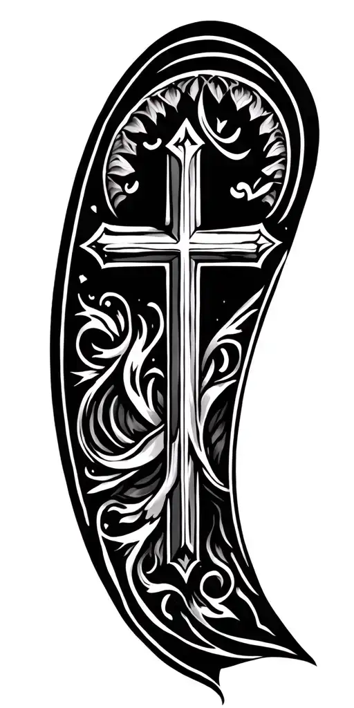 Christian cross, mandala filler outside of cross, Hebrew scripture tattoo design idea