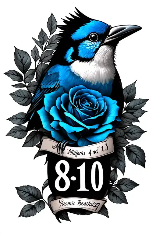 Jesus Christ, bible verse philippians 4 13, roses, blue jay bird, the names Yasmin and Beatriz, the number birthday 8/10 tattoo design idea