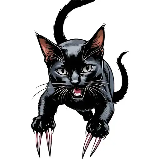 *His screen flickers to life, showing a detailed sketch of a black cat mid-pounce—claws extended, tail swishing aggressi tattoo design idea