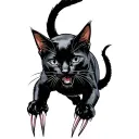 *His screen flickers to life, showing a detailed sketch of a black cat mid-pounce—claws extended, tail swishing aggressi tattoo design idea