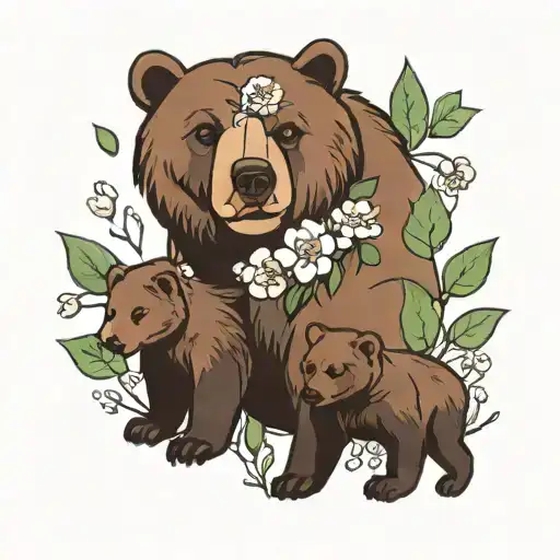 mamma bear with 4 baby bear cubs, playing woth leaves everywhere, rocks everywhere, with flower carnations. tattoo design idea