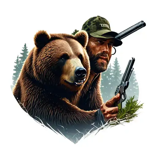 A hunter with a gun hunts a bear in the forest tattoo design idea