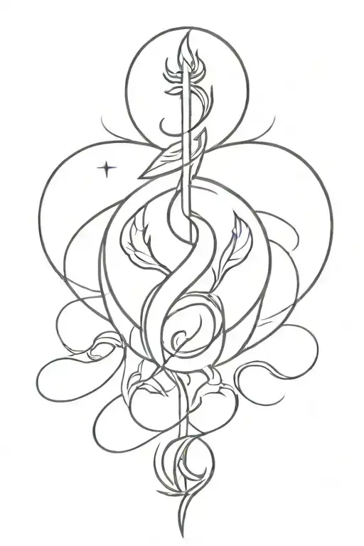 unalome with phoenix, crescent moons, protection symbol and feminine power symbol tattoo design idea