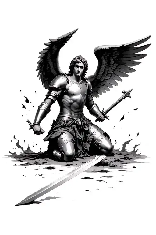 st michael in armour kneeling holding sword with wings spread out and burn holes and tattered in dark themed art tattoo design idea