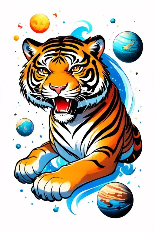 mythological style tiger  and crushing planets under its hinde legs tattoo design idea