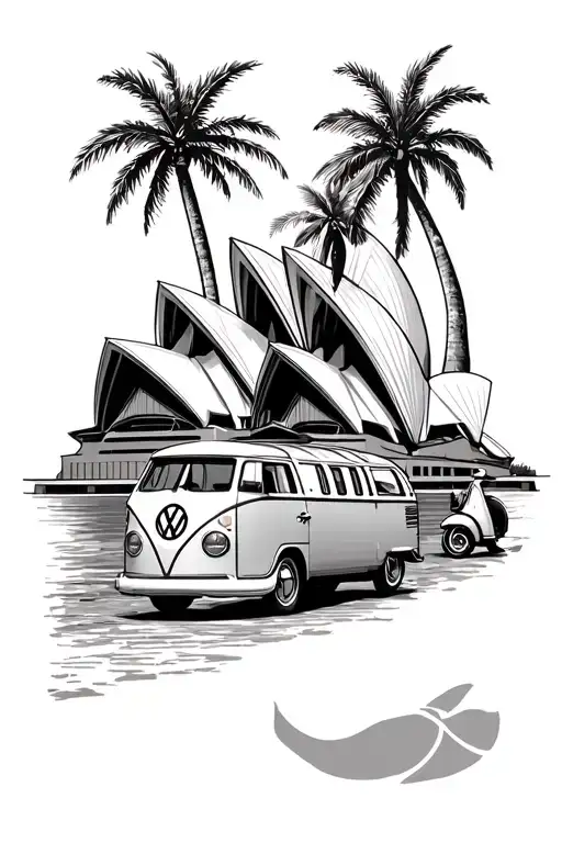 Sydney opera house, Angkor Watt temple, Classic Vespa, Classic VW camper van, palm trees tattoo design idea