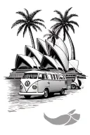 Sydney opera house, Angkor Watt temple, Classic Vespa, Classic VW camper van, palm trees tattoo design idea