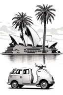 Sydney opera house, Angkor Watt temple, Classic Vespa, Classic VW camper van, palm trees tattoo design idea