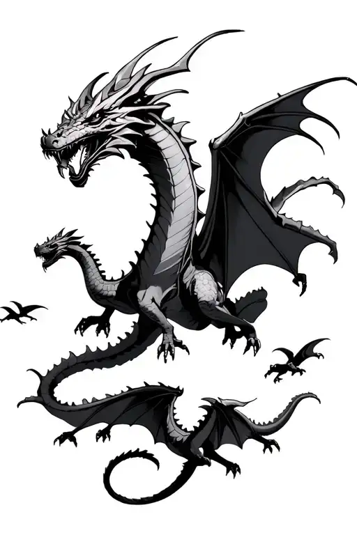 father dragon flying with 2 smaller dranons flying under tattoo design idea