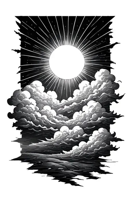 Sun shining trough clouds tattoo design idea