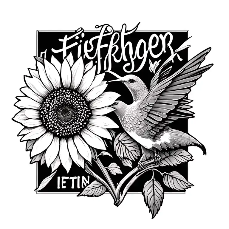 dainty sunflower with a thin stim that turns into words, maltese cross firefighter and a humming bird tattoo design idea