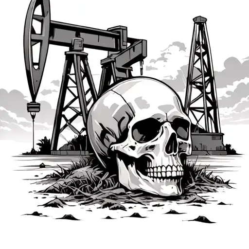 An oilfield landscape with a skull hidden in the background tattoo design idea