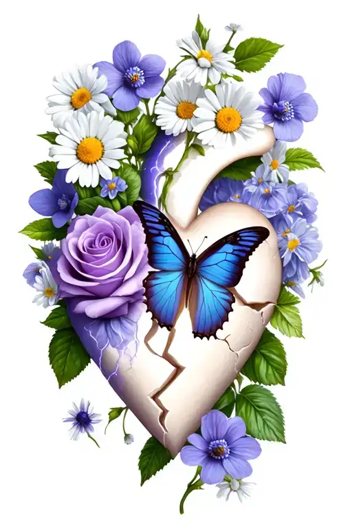 rose and violets and daisies and butterfly resting and Libra and thunderstorm  and Libra sign broken white heart tattoo design idea