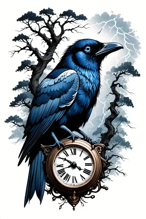 Blue eyed crow, with trees, a clock, lightning storm  tattoo design idea