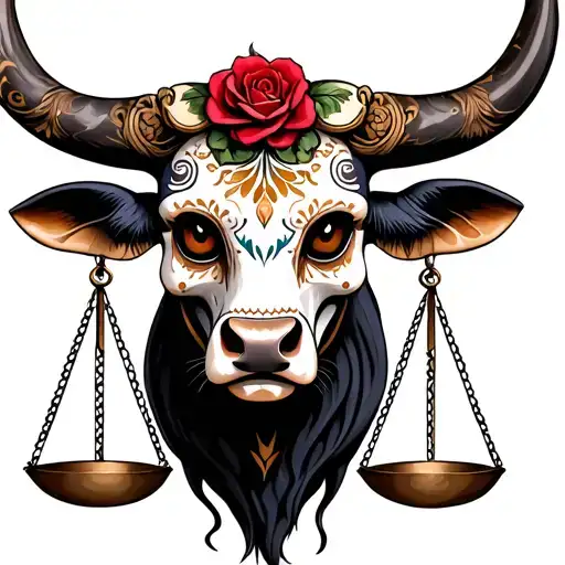 feminine bull with sugar skull markings, brown eyes and two Libra scales and dark background tattoo design idea