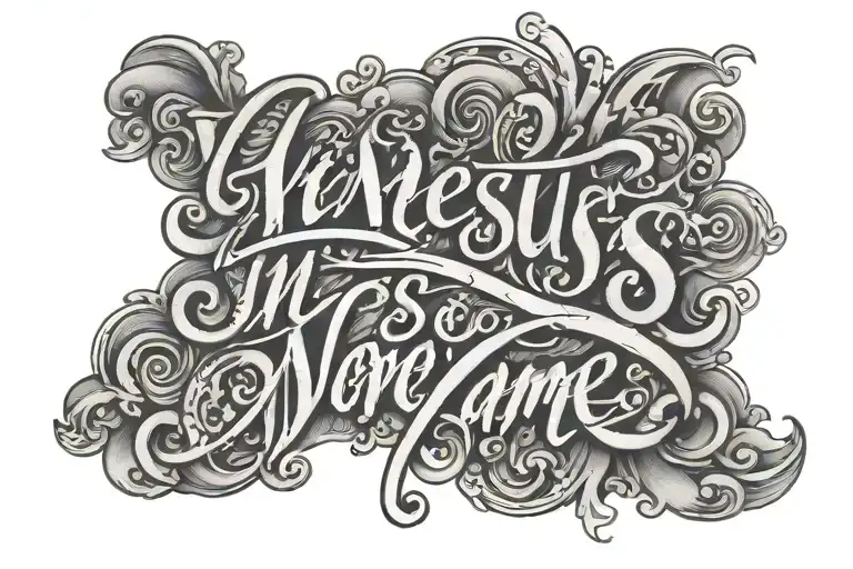 Words "In Jesus' Name" in script font tattoo design idea